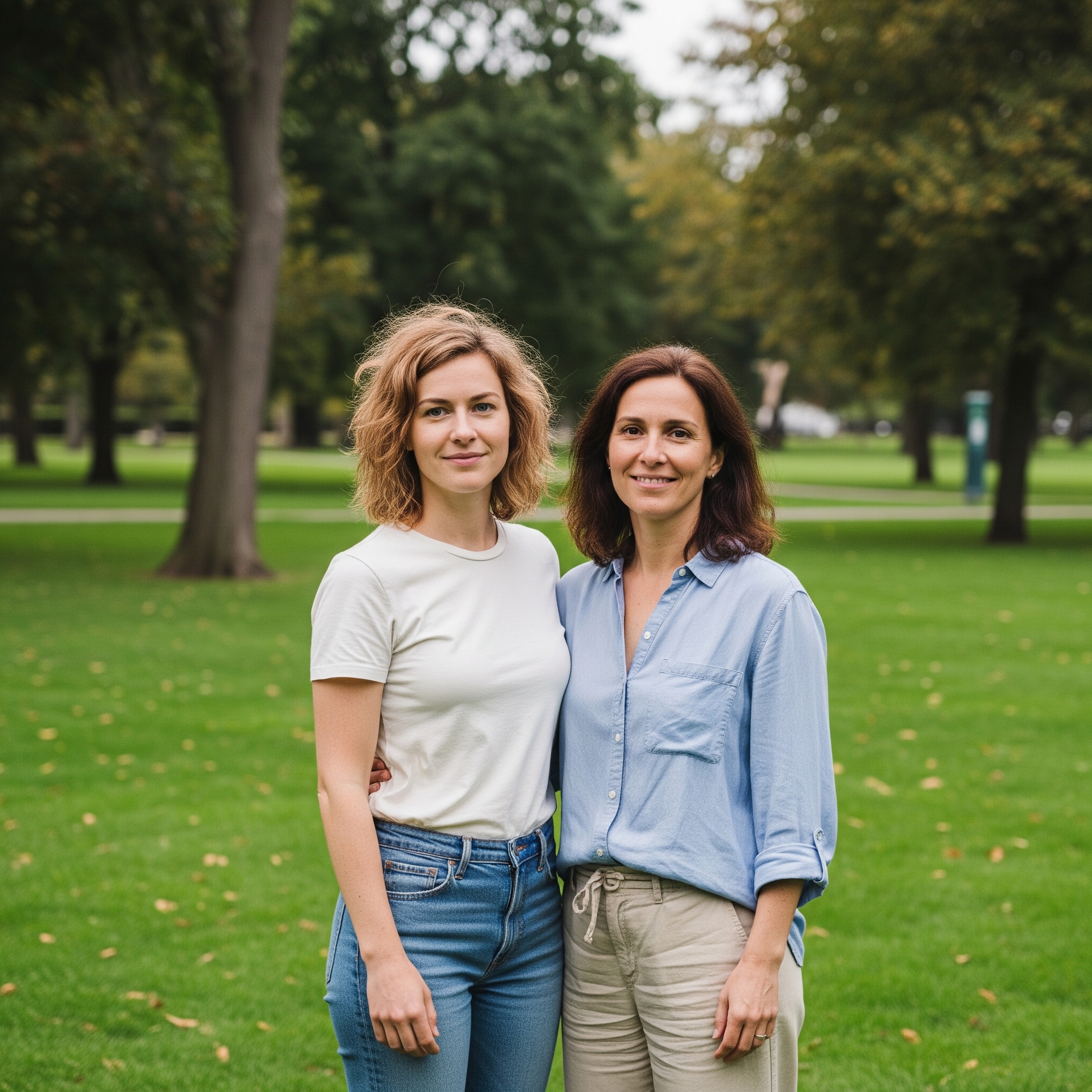 Two mums, different heights and hair colors, one in her mid-30s, the other around 40, casually in a park with trees, snapped with a phone.